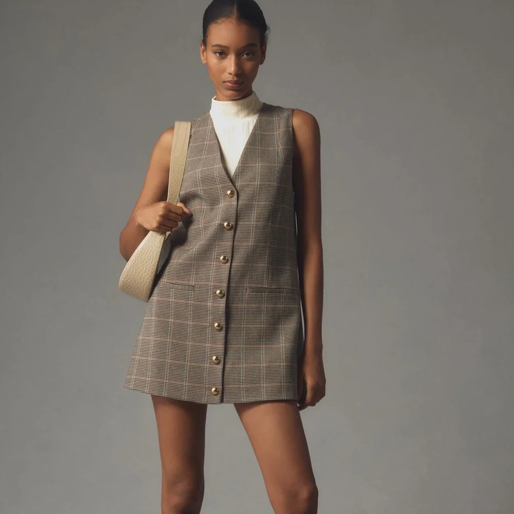 Anthropologie Plaid Button-Front Mini Dress in Brown and Tan - Picture 3 of 5